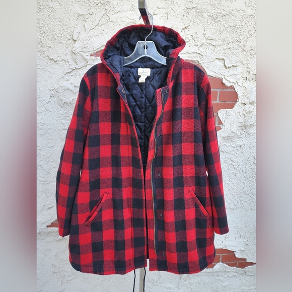 Large LEVI'S red black Buffalo plaid checkers hooded coat jacket quilted lining - Picture 3 of 16